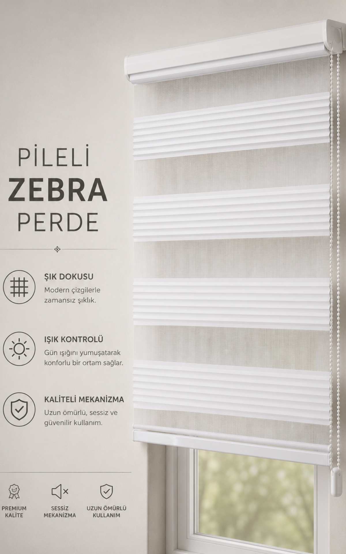 1 Pliseli Zebra Perde | Redüktörlü Sistem, Metal Ayaklı, Premium Zebra Perde - Görsel 1