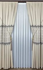 Krem Damask Desenli Hazır Dikili Fon Perde | En 90 cm x Boy 260 cm | 1/3 Sık Pile | 1 Çift (2 Kanat) - Görsel 3