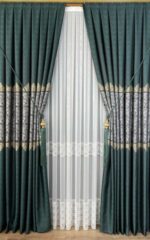 Yeşil Damask Desenli Hazır Dikili Fon Perde | En 90 x Boy 260 cm | 1/3 Sık Pile | 1 Çift (2 Kanat)