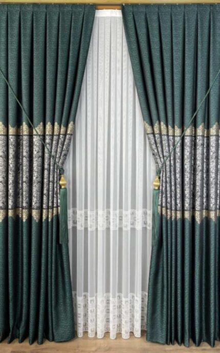 Yeşil Damask Desenli Hazır Dikili Fon Perde | En 90 x Boy 260 cm |