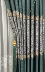 Yeşil Damask Desenli Hazır Dikili Fon Perde | En 90 x Boy 260 cm | 1/3 Sık Pile | 1 Çift (2 Kanat) - Görsel 4
