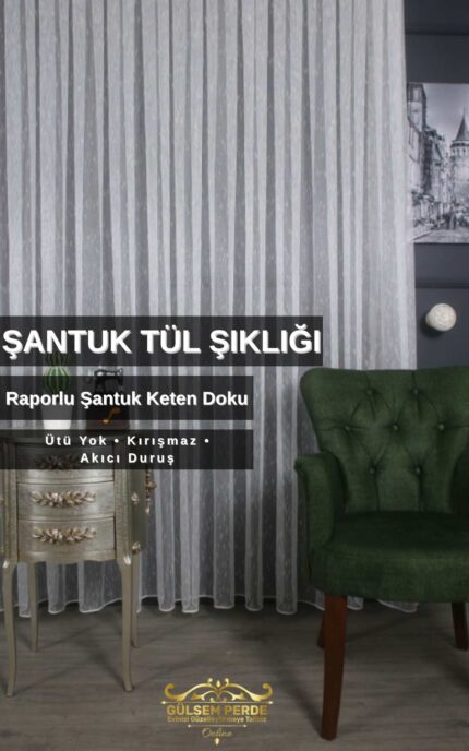 Şantuk Raporlu Ekru Tül Perde