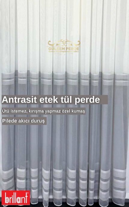 Brillant Alt Etek Antrasit Detaylı Tül Perde – Ütü İstemez, Modern Şık Tasarım