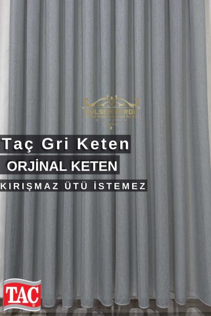 Taç Orijinal Gri Renk Keten Foldet Tül Perde Naturel – Ütü İstemez, Özel Ölçü, Premium Kalite
