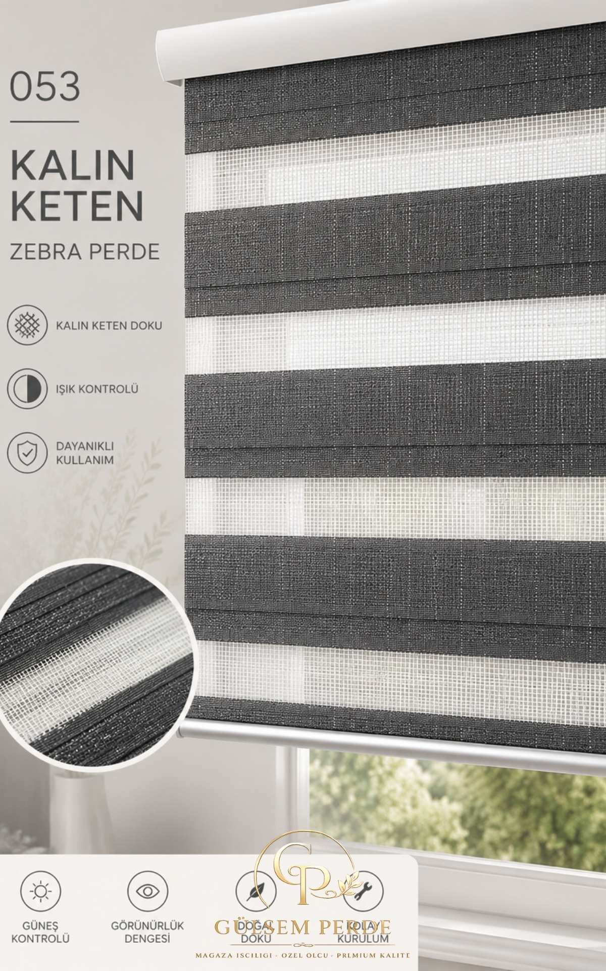 3 053 Kalın Keten Zebra Perde | Bohem Dokulu, Özel Ölçü, Premium Zebra Perde - Görsel 1